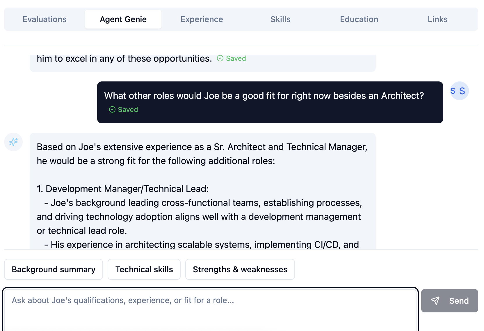 Agent Genie evaluation interface showing role recommendations and candidate analysis with detailed insights