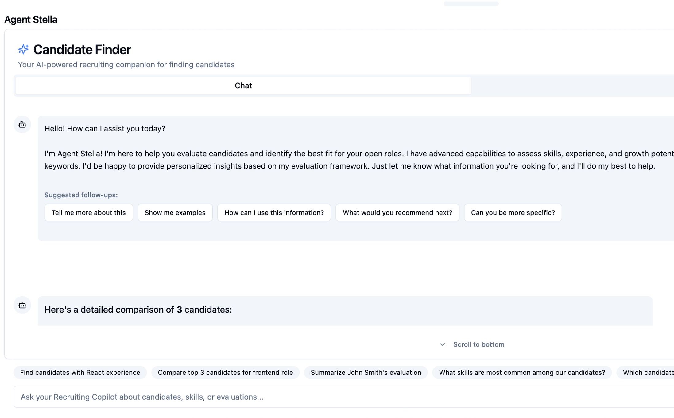 Agent Stella Candidate Finder interface showing comprehensive recruiting dashboard with candidate comparison