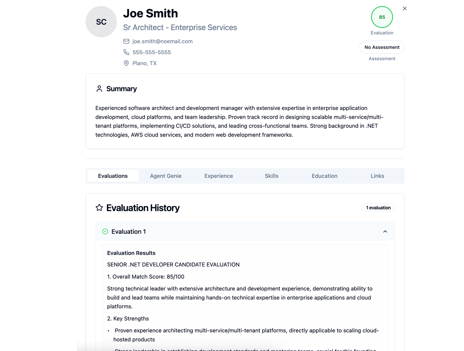 Joe Smith candidate evaluation interface showing profile details, summary, and evaluation history with 85/100 match score