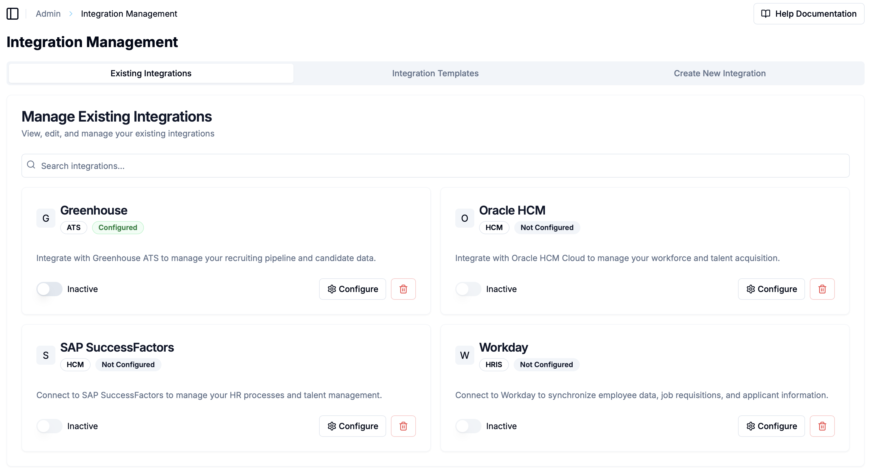 Integration management dashboard showing connections with Greenhouse ATS, Oracle HCM, SAP SuccessFactors, and Workday